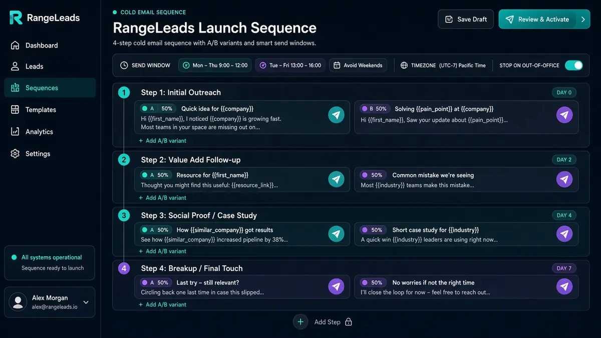 Multi-step cold email sequences with A/B variants